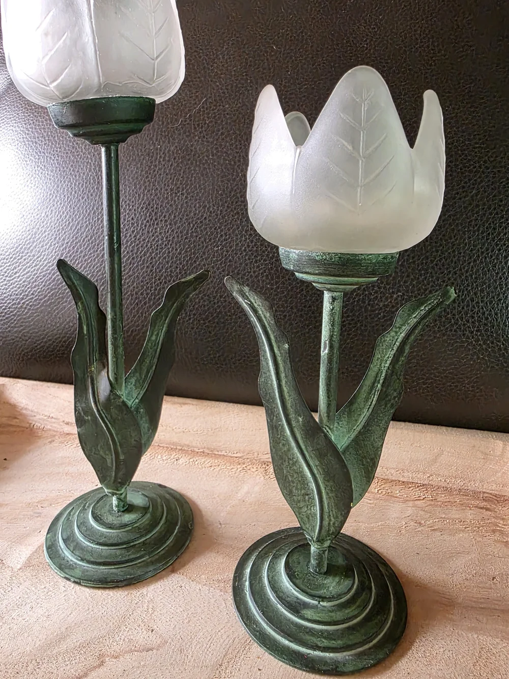 Glass Tulip Candle Holders in Frosted White and Patina Green - Home Accents